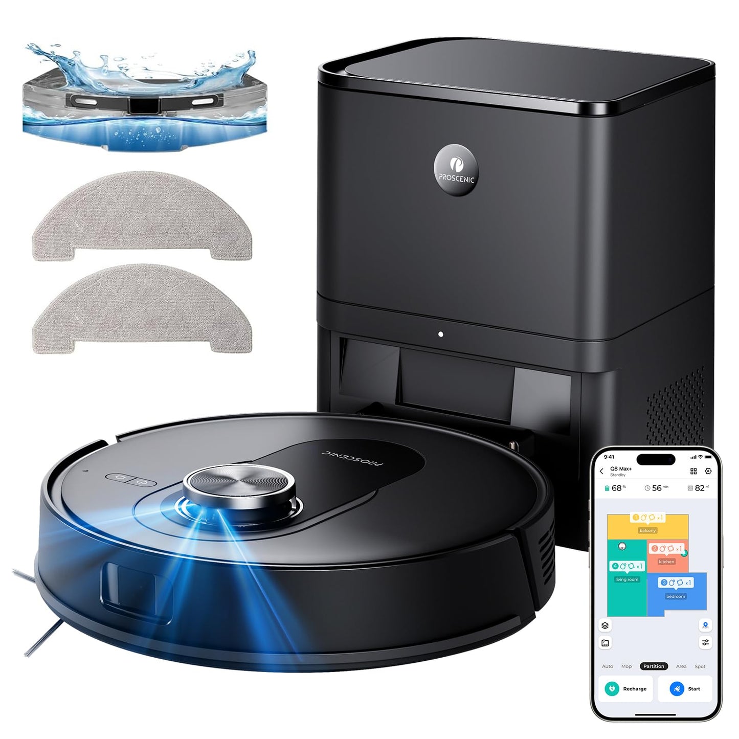 Proscenic Q8 Max+ Robot Vacuum with Mop, 8000Pa 200Min Robotic Vacuum, Smart Obstacle Avoidance, 60 Days of Hands-Free Cleaning Self-Emptying, APP/Remote/Voice Control for Floor Carpet Pet Hair
